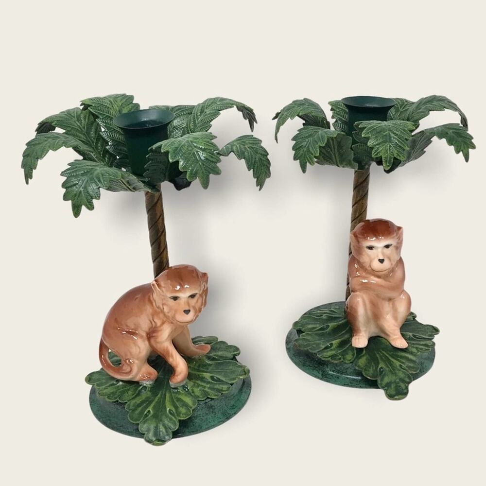 Vintage 1970s Ceramic Monkey Palm Tree Candle Holders Ceramic & metal